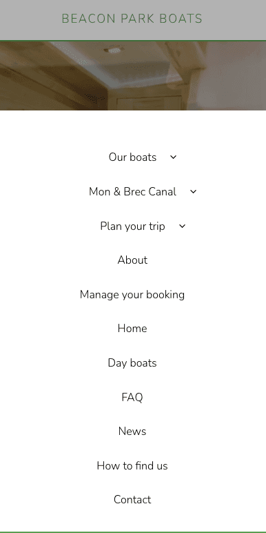 Beacon Park Boats mobile menu