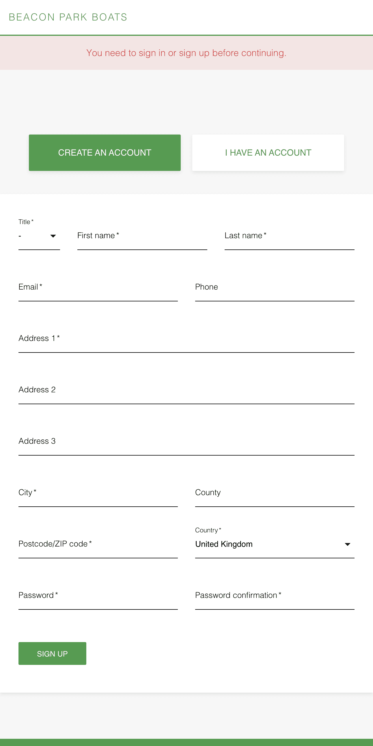 Beacon Park Boats mobile registration page